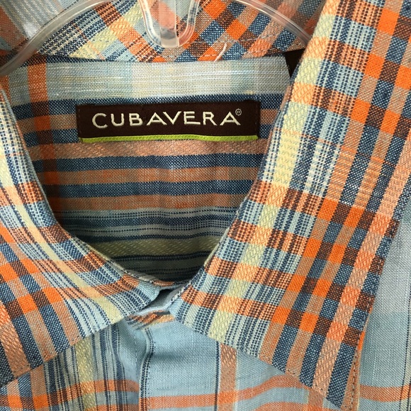 Cubavera Shirt Mens L 100% Linen Blue Orange Plaid Short Sleeve - Picture 2 of 11